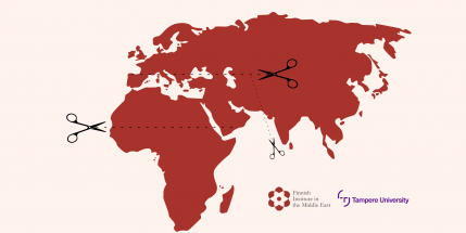 World map with FIME and Tampere University logos. Pairs of scissors and dotted lines outline the Middle East and North Africa on the map.